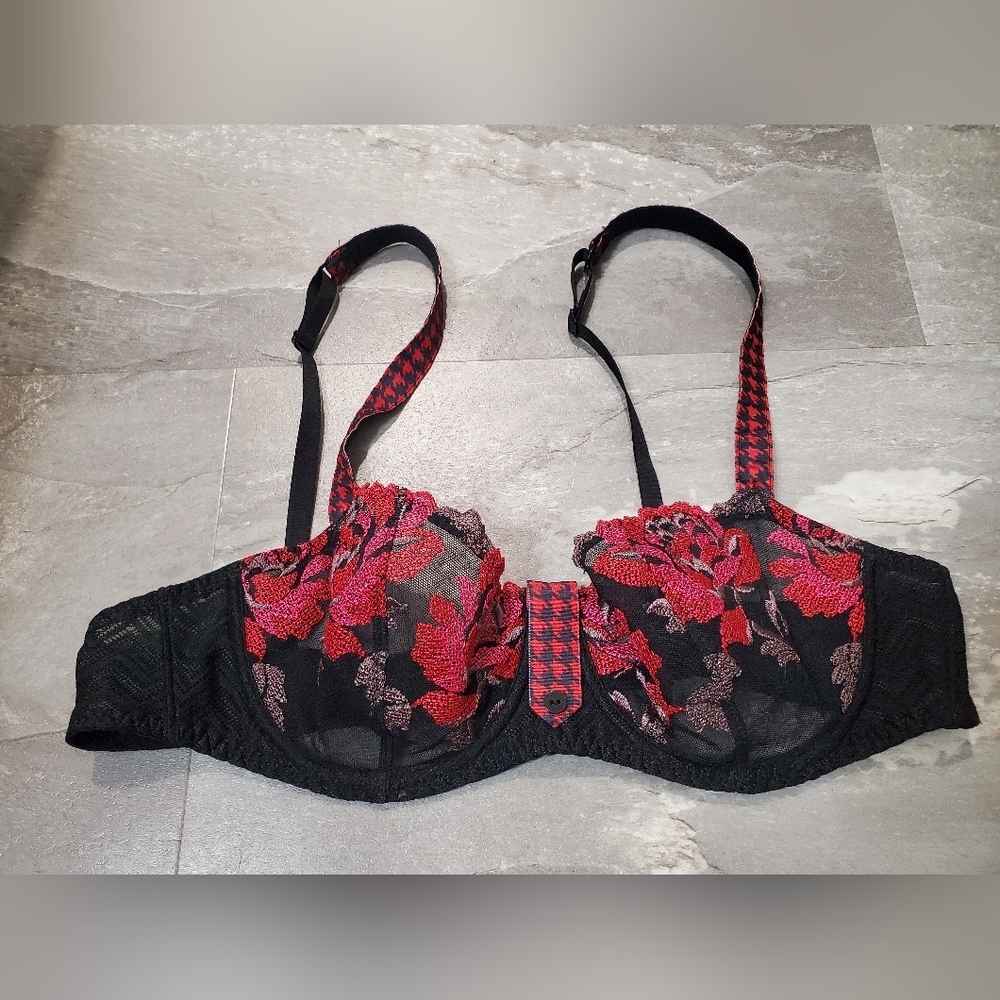 Aubade Black Lace Bra with Red Floral Embroidery